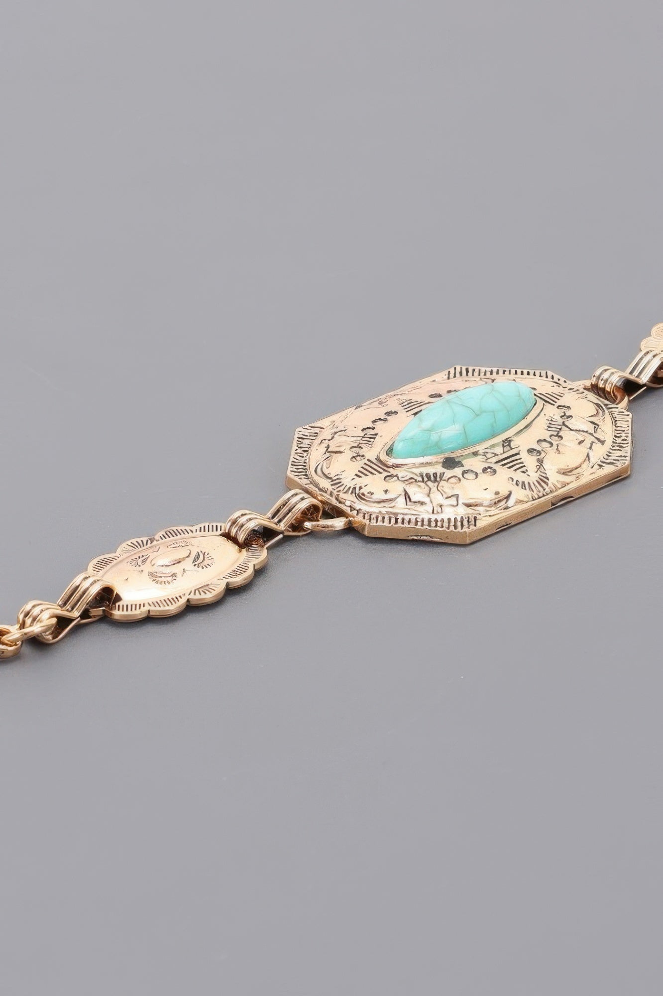 Western turquoise chain belt, gold-tone link chain with engraved turquoise central plates