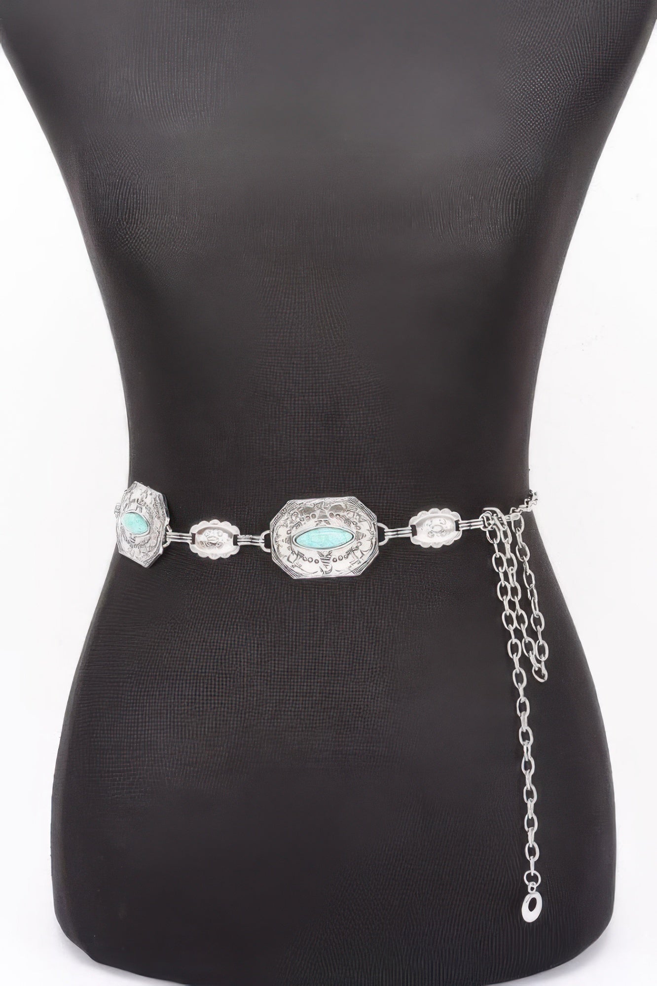 Western turquoise chain belt with silver-tone links and turquoise oval centerpiece medallion