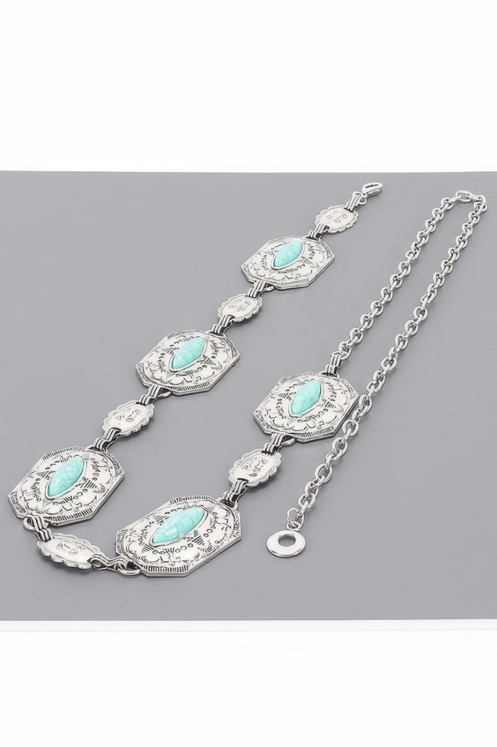 Western turquoise chain belt, silver-tone layered medallions with turquoise oval inlays