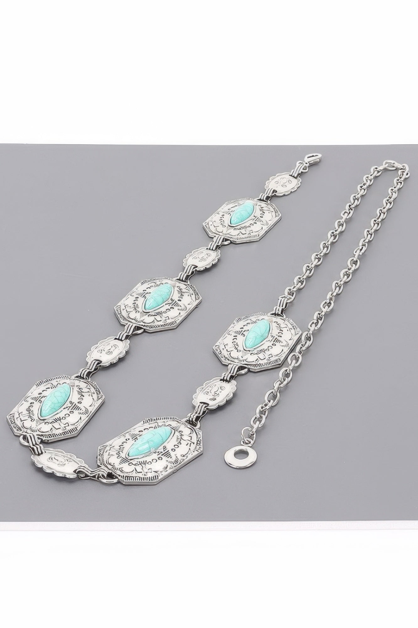 Western turquoise chain belt, silver-tone layered medallions with turquoise oval inlays