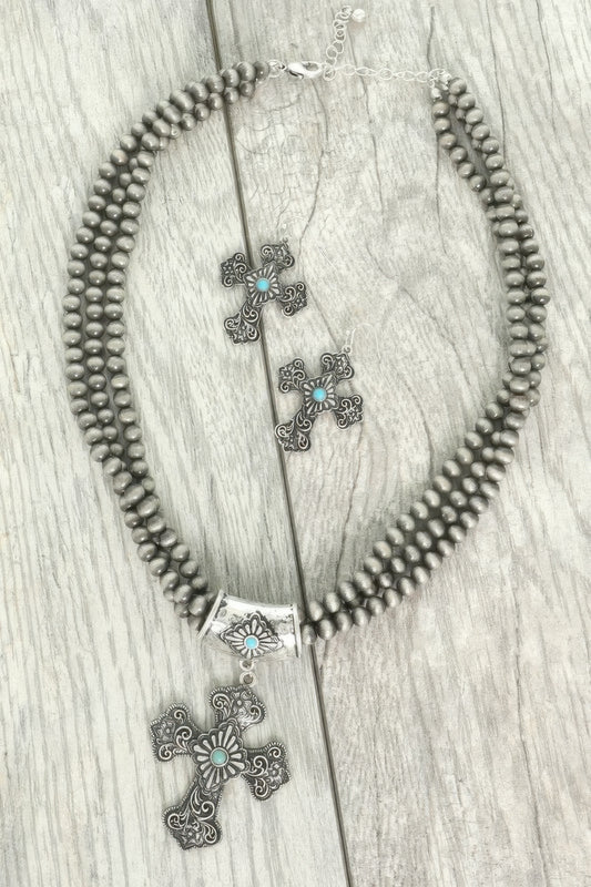 Western Turquoise Cross Necklace Set - Tigbul's Variety Fashion Shop
