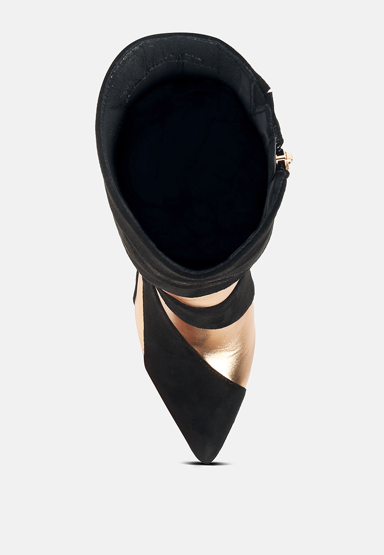Black ankle stiletto boot opening with gold-toned interior and strap wrap