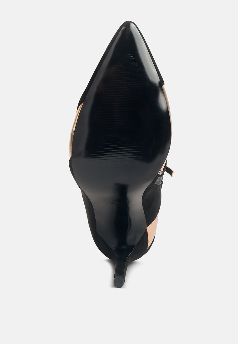 Black pointed-toe stiletto heel, back view of ankle boot