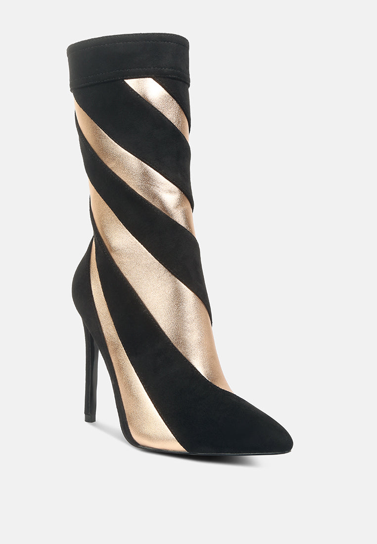 Black heeled ankle boots, crisscross strap detail, sleek pointed toe