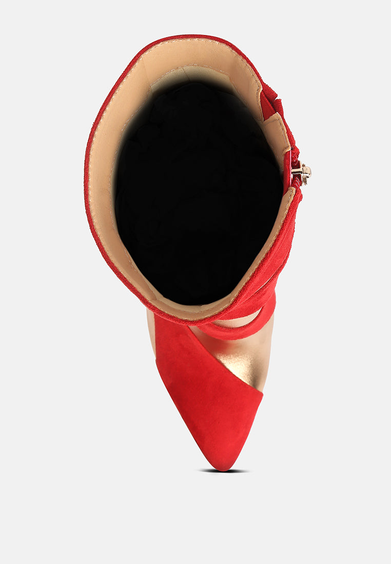 Red pointed-toe stiletto boot showing inner lining and strap overlay