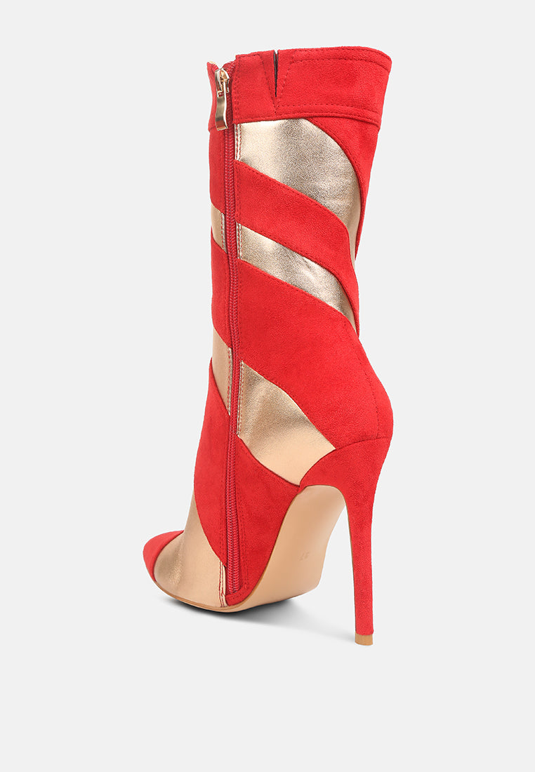Red ankle stiletto boots with side zipper and crisscross straps