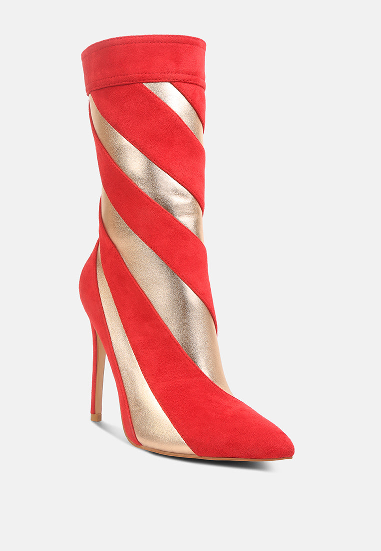 Red ankle stiletto boots with diagonal strap detailing and high heel