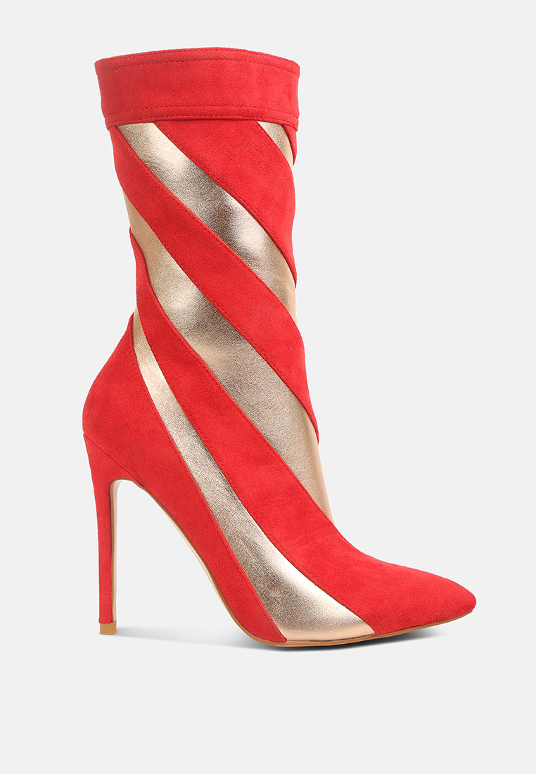 Red ankle stiletto boots with crisscross straps and pointed toe