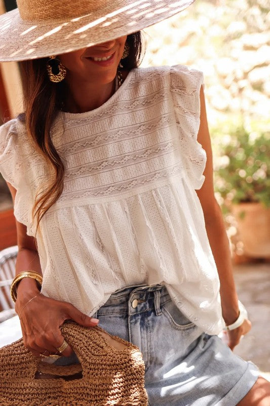 White ruffled lace flowy tank top with flutter sleeves and textured front