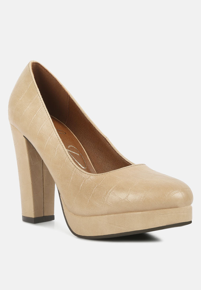 Beige croc-texture pump with square-toe front and high block heel