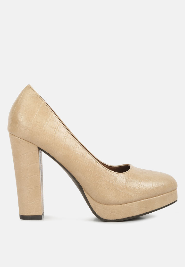 Beige croc-texture high block heel pump with closed toe and platform front