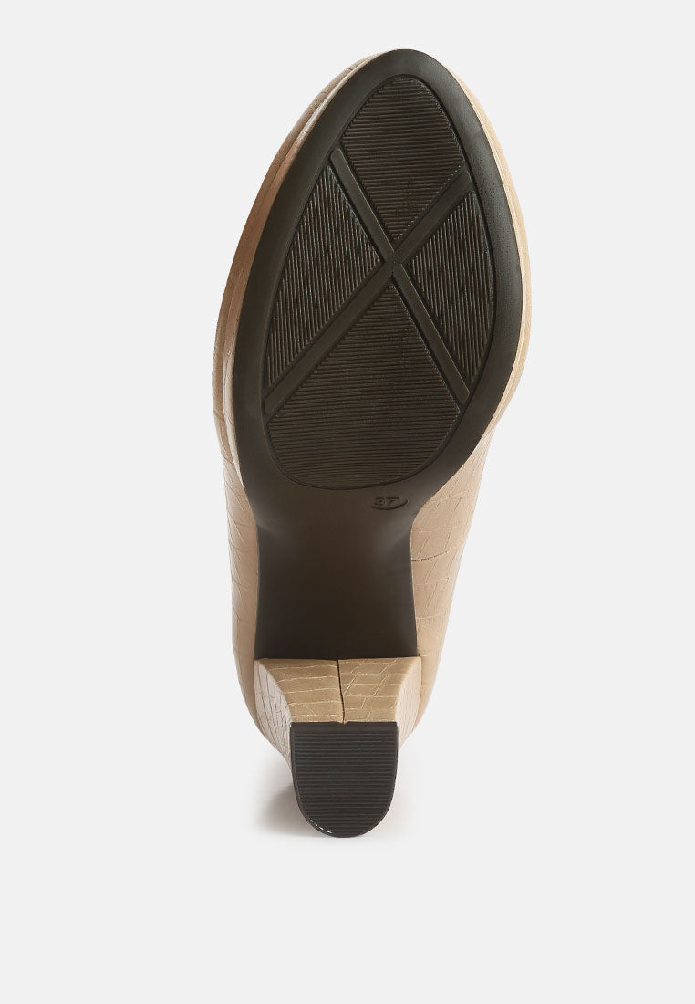 Beige croc-texture pump outsole view with textured tread