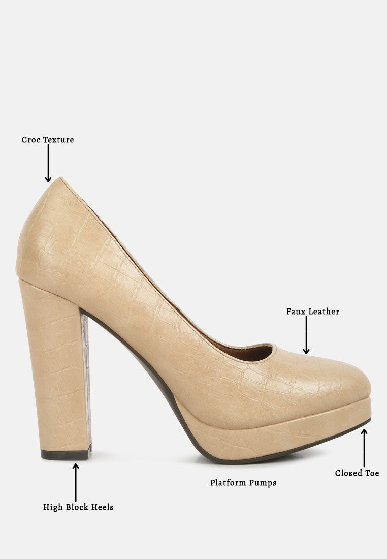 Beige croc-texture platform pump with high block heel and closed toe