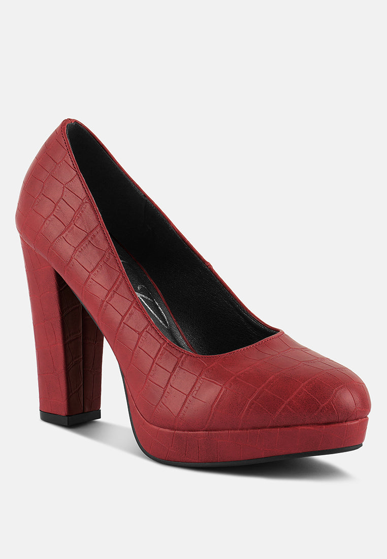 Red croc-texture pump with square-toe front and tall block heel