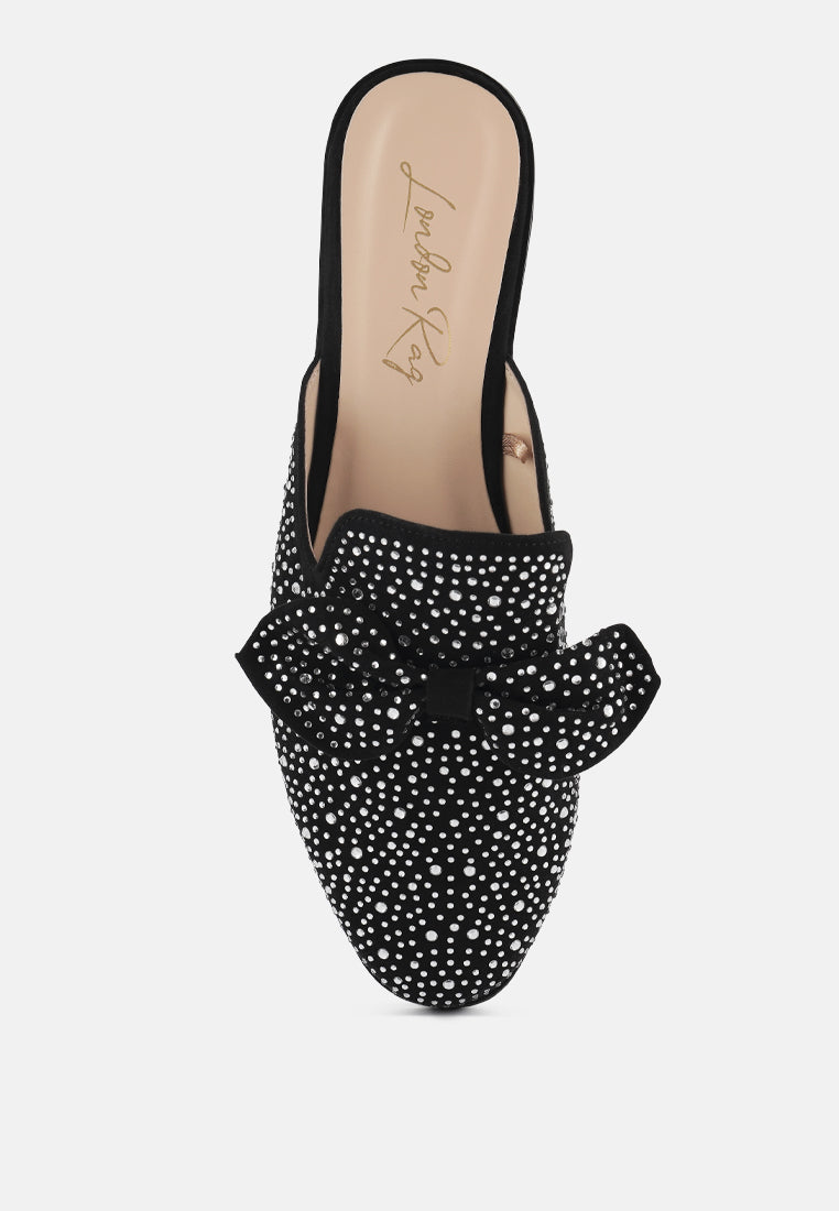 Black rhinestone bow mule from above, closed round toe with signature insole