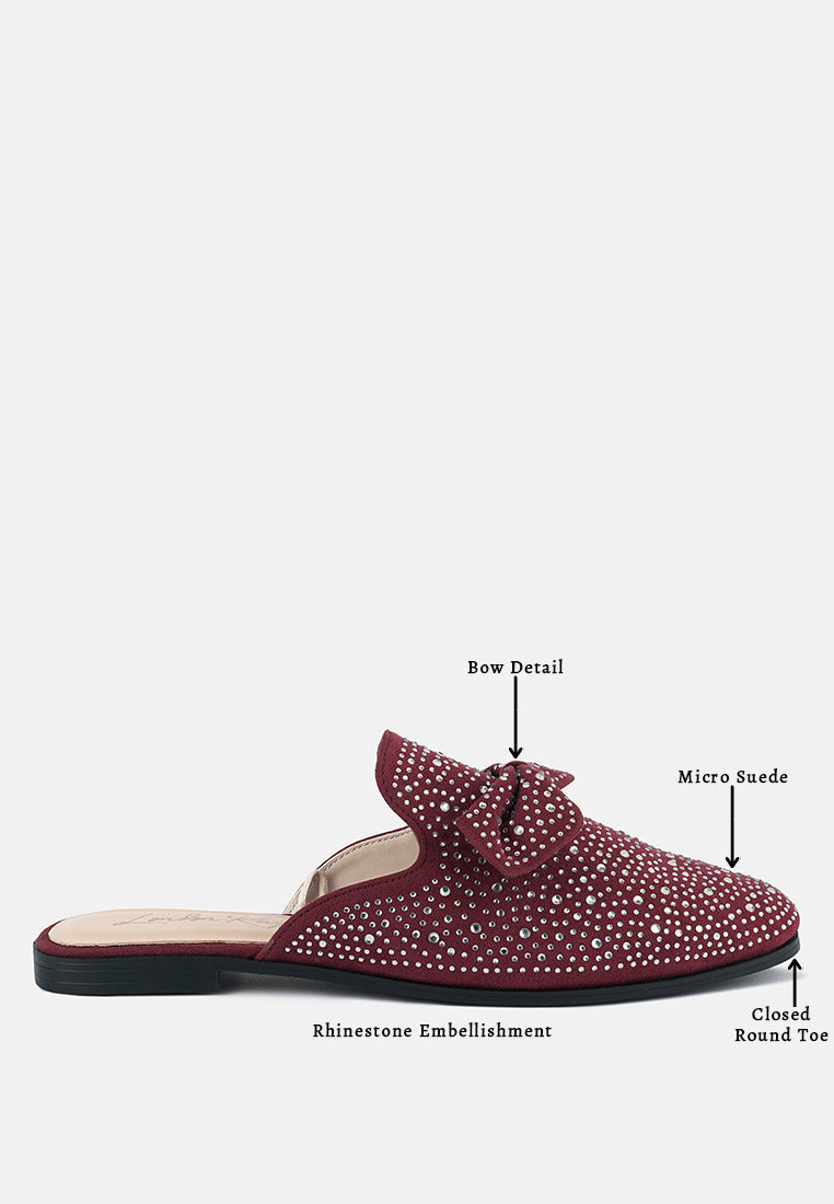 Red rhinestone embellishment bow mule with closed round toe and low profile