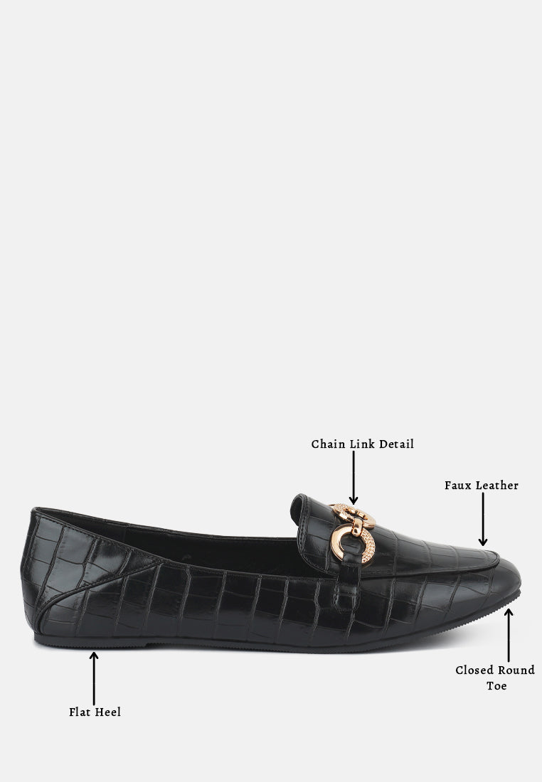 Black croc loafers: chain-link detail, faux leather, flat heel, closed round toe