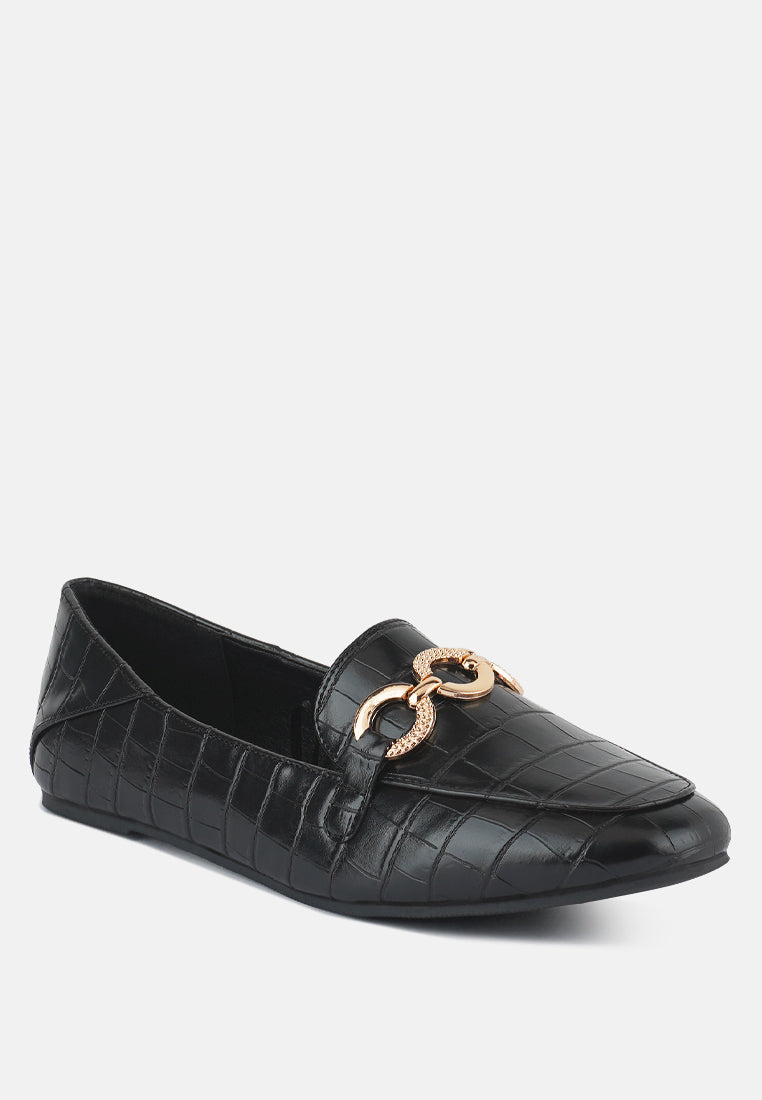 Black croc-textured loafers with gold-tone chain link detail on the vamp