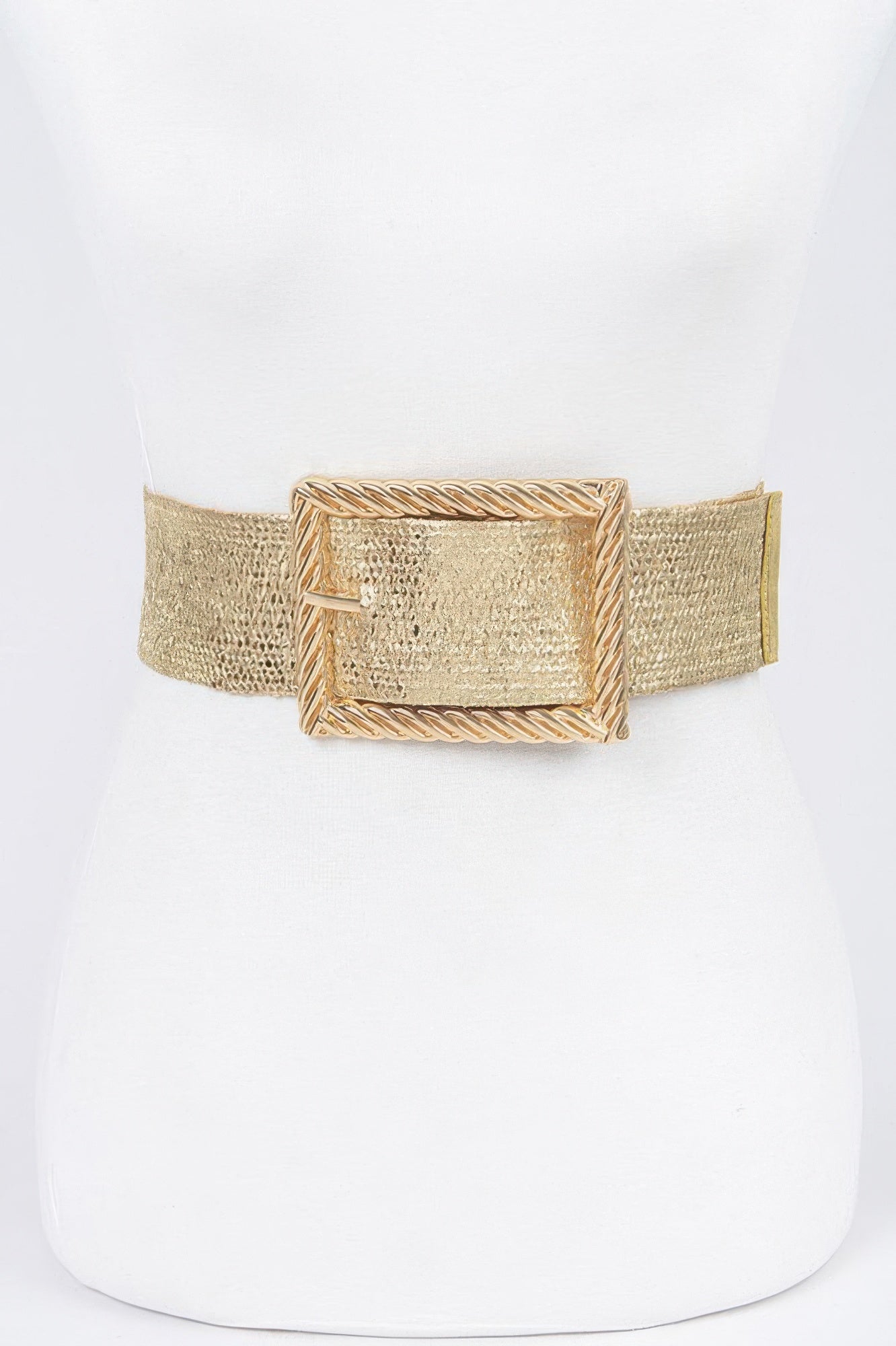 Gold wide belt with square metal buckle, adjustable plus-size style