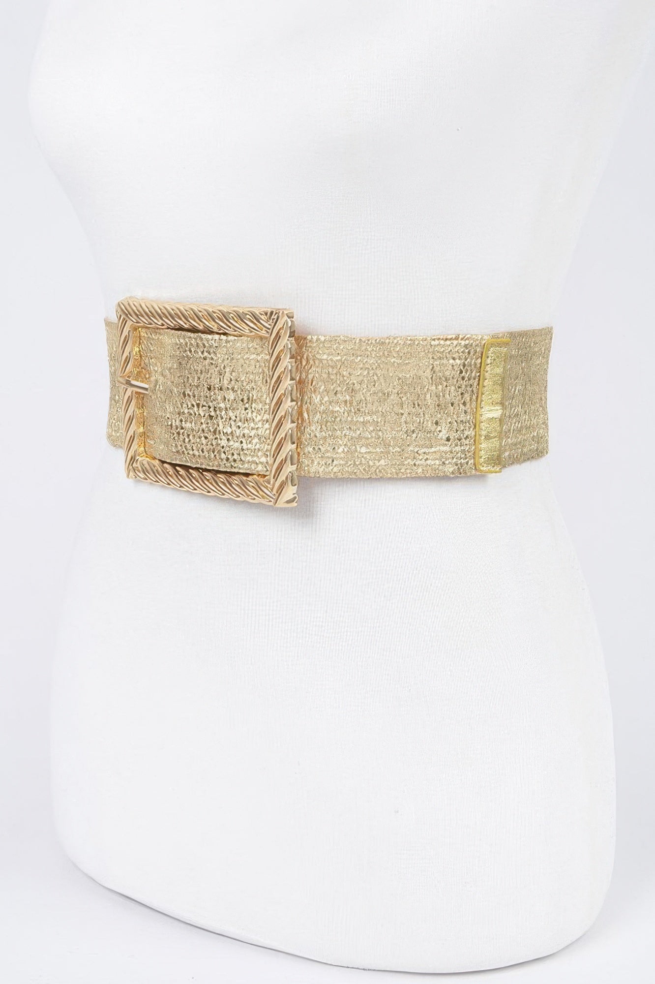 Gold wide waist belt with textured strap and square metal buckle