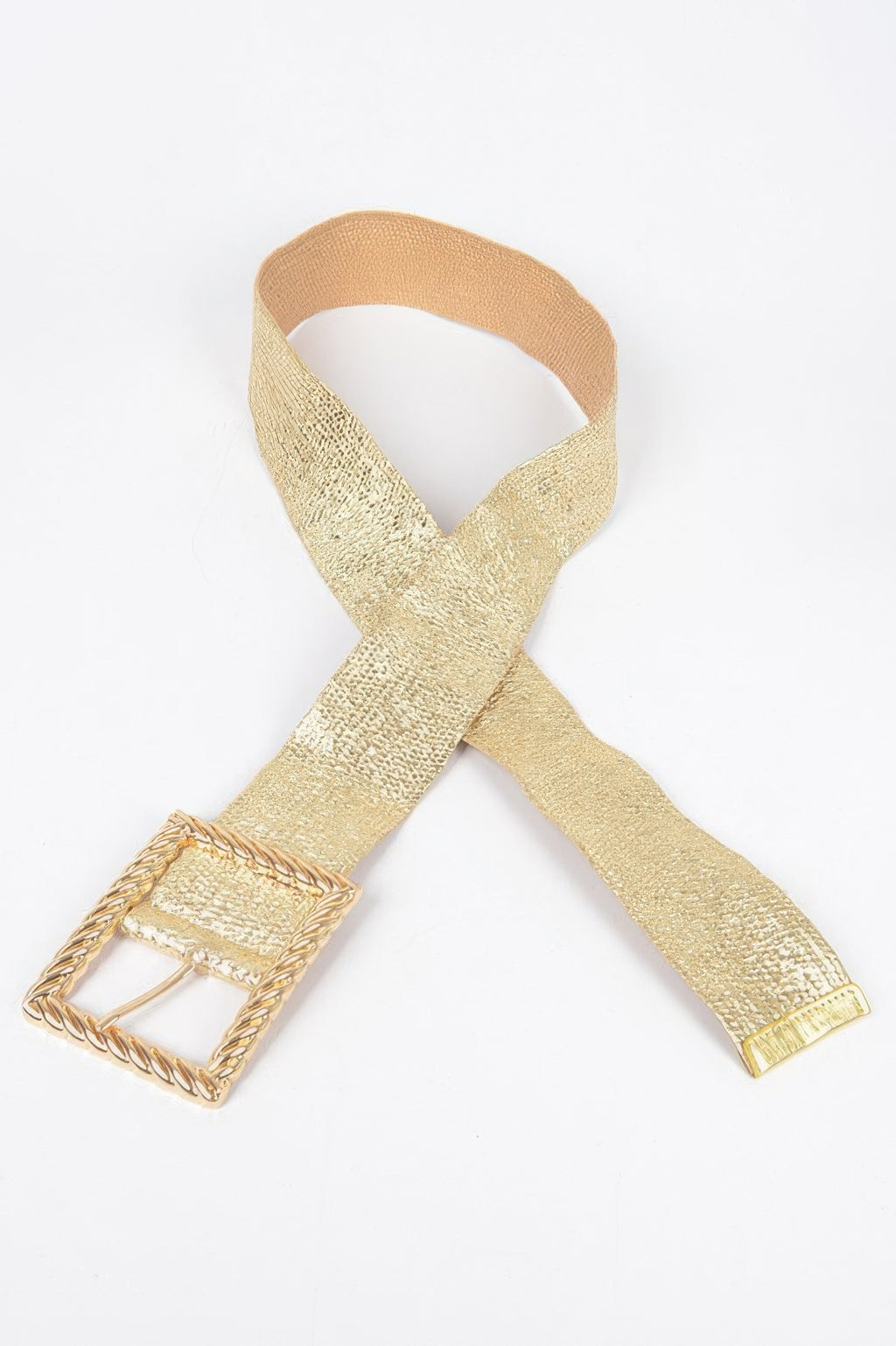 Gold belt with square metal buckle and long tail end, woven texture