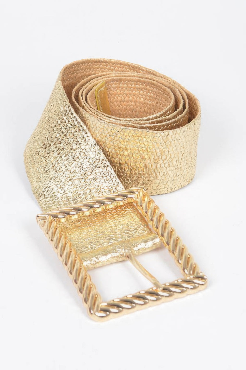 Gold wide belt strap with square metal buckle, rolled fabric edge detail