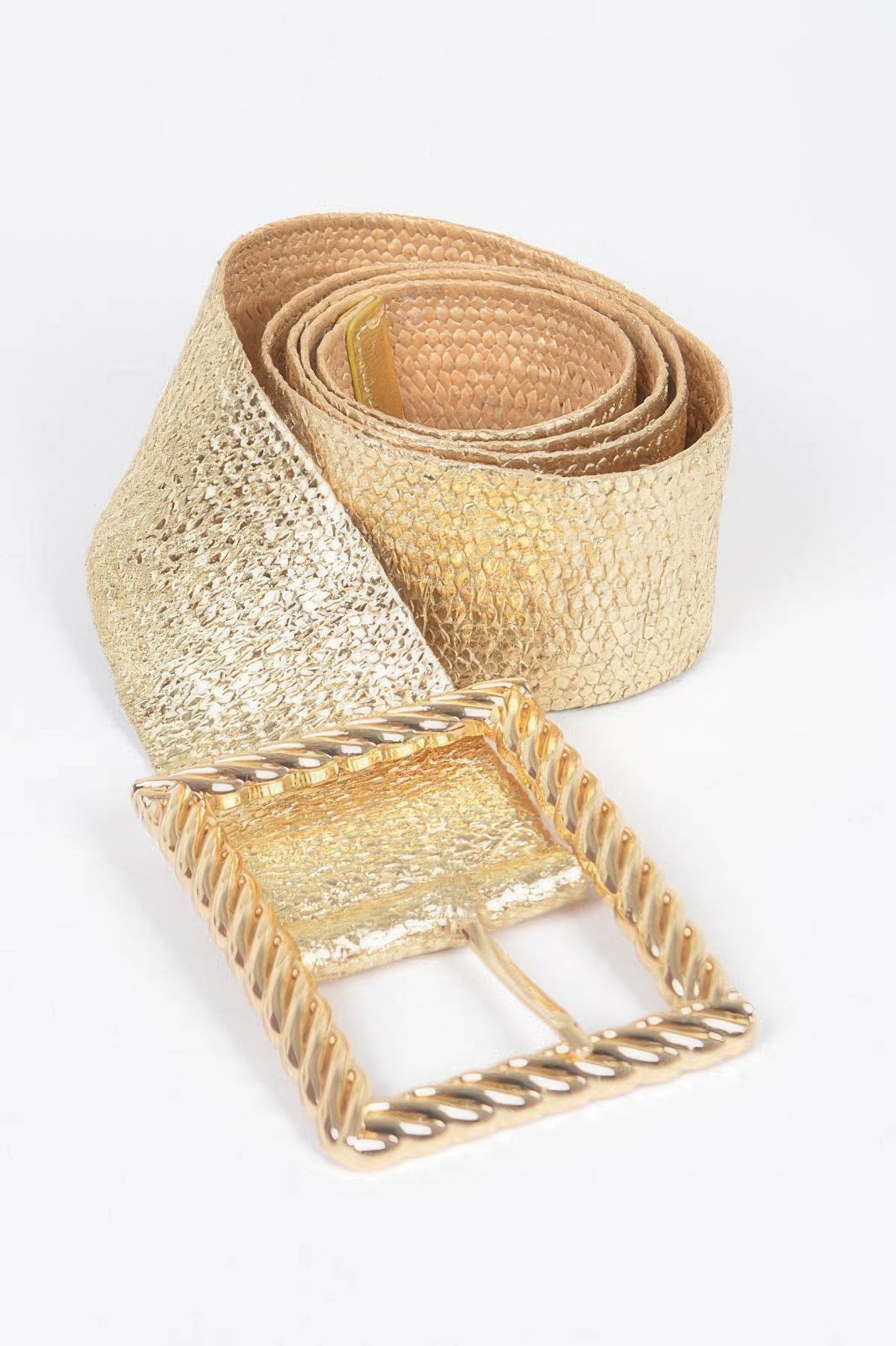 Gold wide belt strap with square metal buckle, rolled fabric edge detail