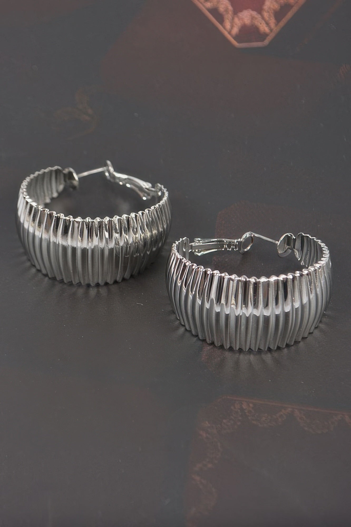 Wide silver ribbed hoop earrings, hinged hoop with metal post
