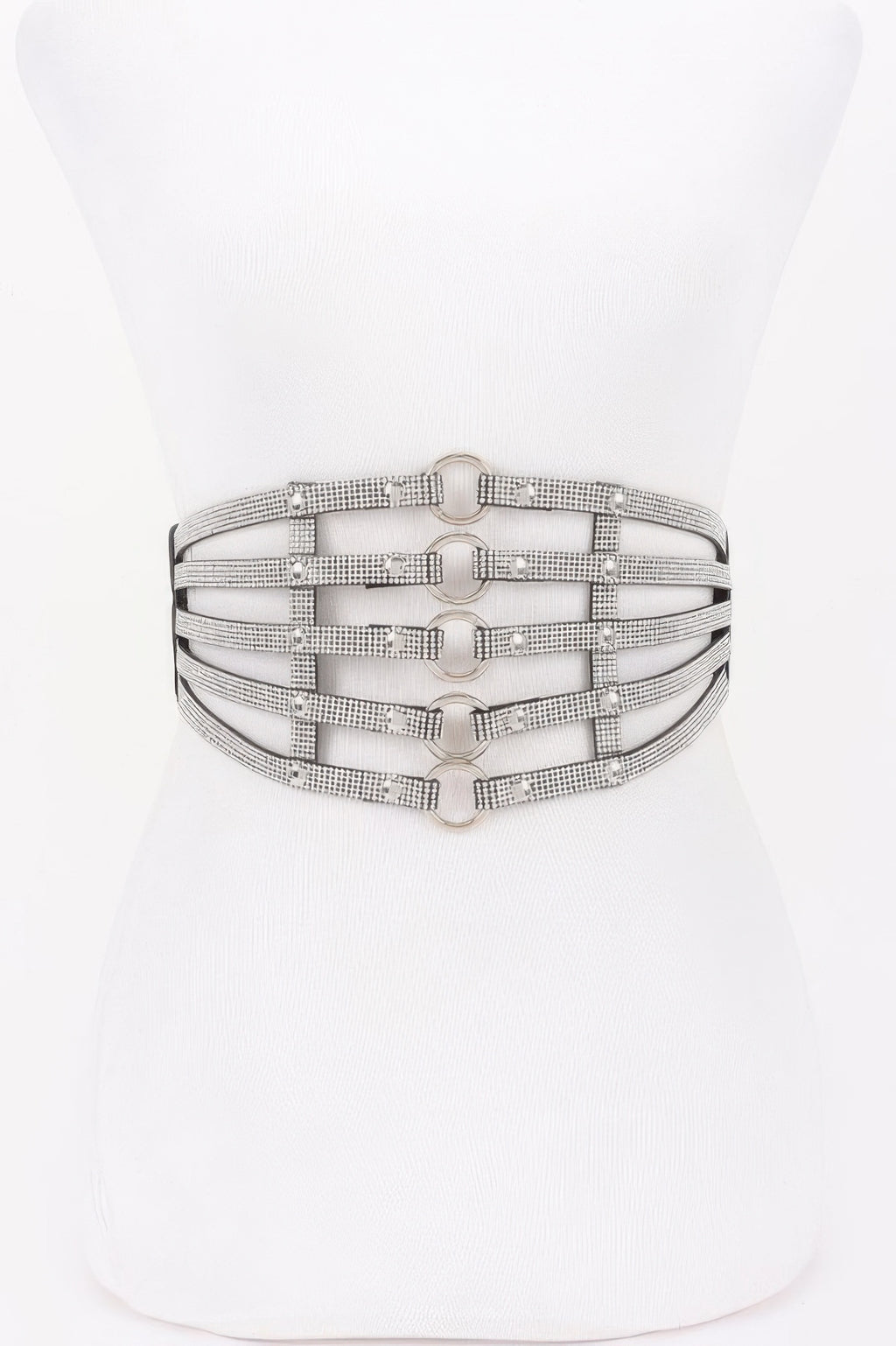 Wide rhinestone waist belt with multi-row crystal straps and central clasp, clear/silver