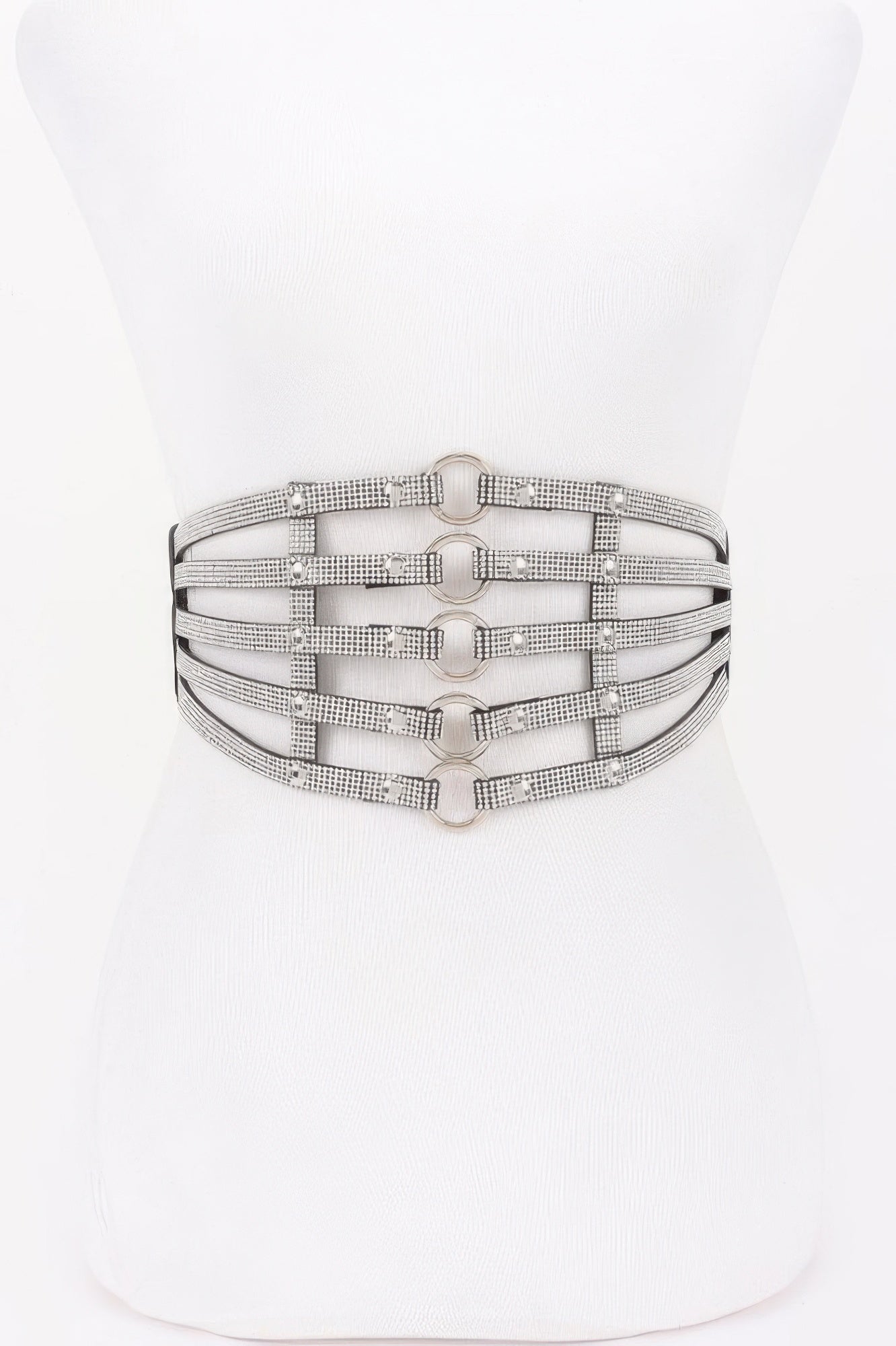 Wide rhinestone waist belt with multi-row crystal straps and central clasp, clear/silver