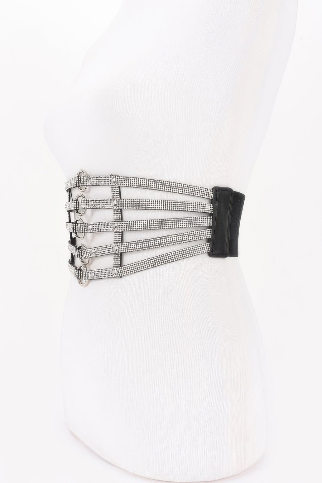 Wide rhinestone waist belt with layered crystal rows and black buckle end, one size