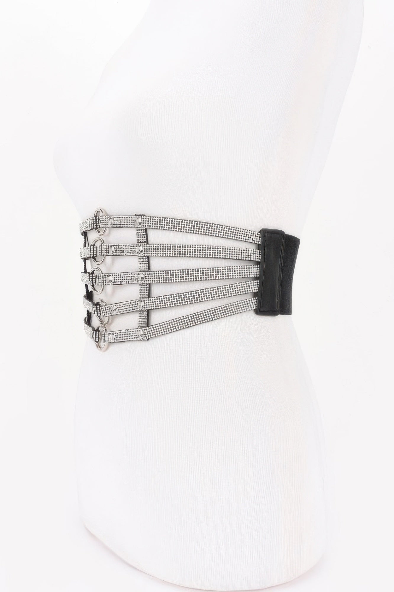 Wide rhinestone waist belt with layered crystal rows and black buckle end, one size