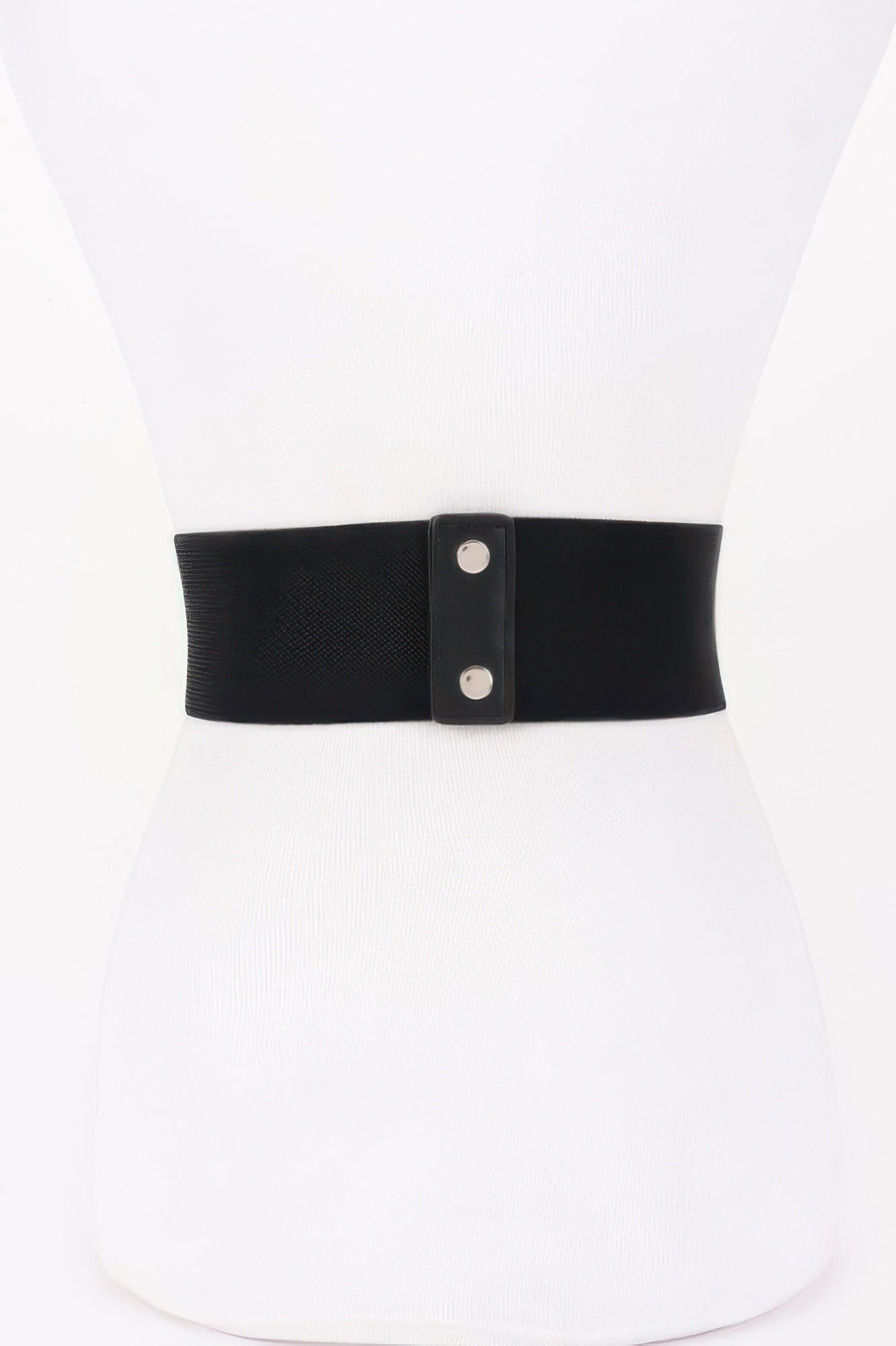 Black wide waist belt with textured strap and two-snap rectangular buckle, one size