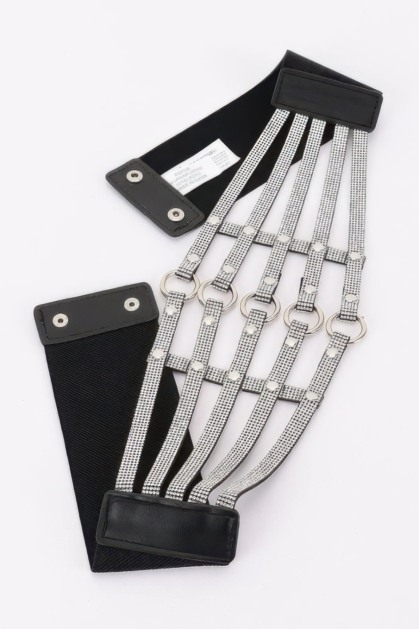 Black wide waist belt set with rhinestone straps, silver rings, and clasp closures