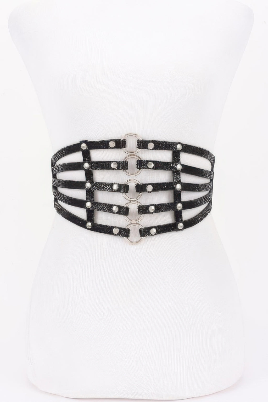 Black wide rhinestone waist belt with multi-row straps and round silver studs, one size