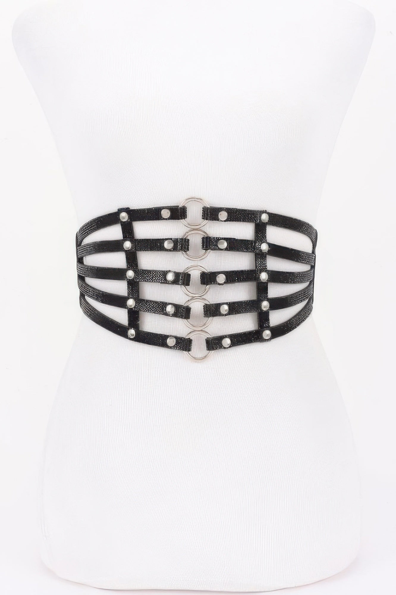 Black wide rhinestone waist belt with multi-row straps and round silver studs, one size