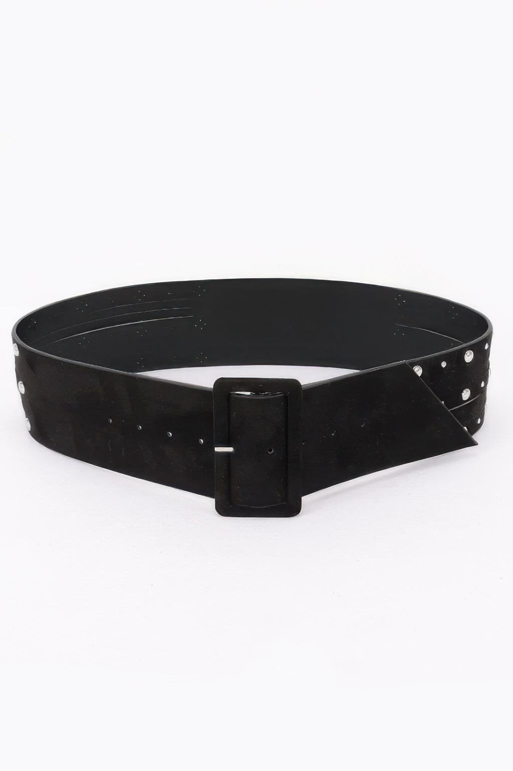 Wide studded buckle belt, black leather-look with silver studs and square buckle