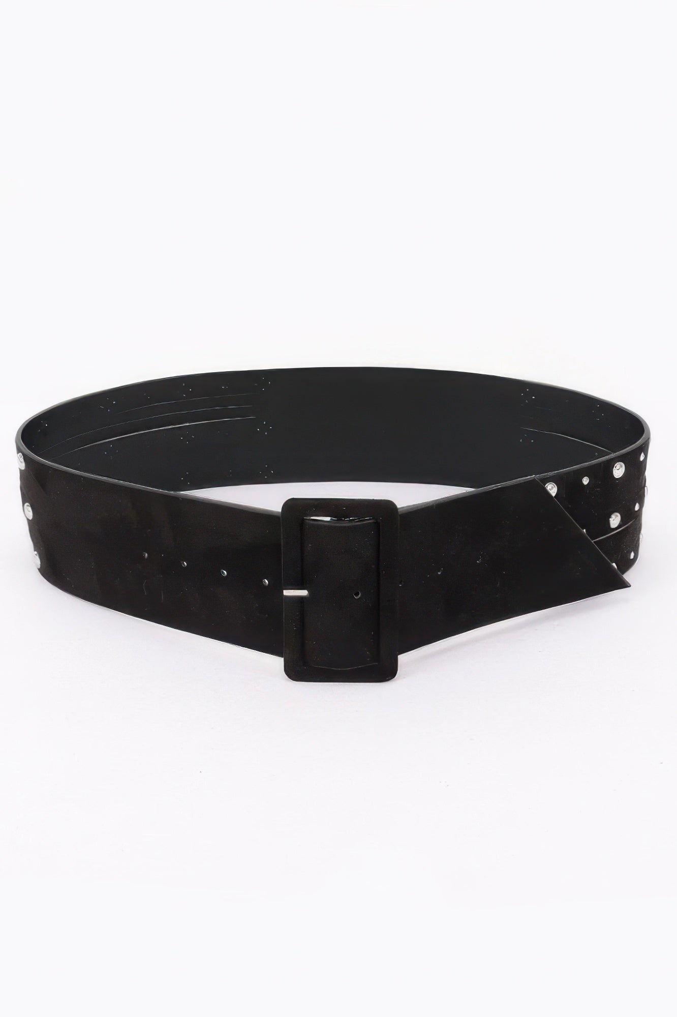 Wide studded buckle belt, black leather-look with silver studs and square buckle