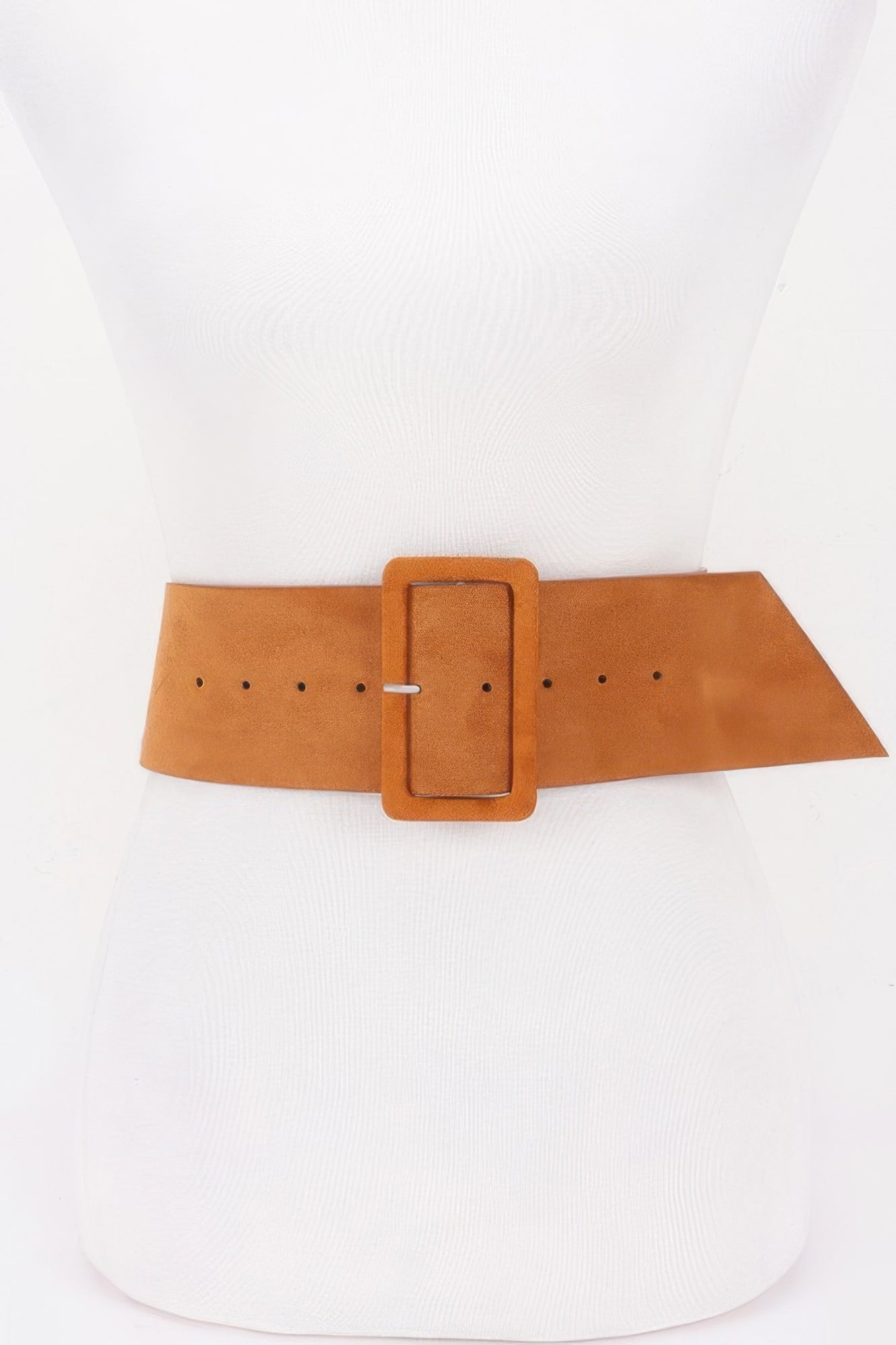 Wide studded buckle belt, camel suede-look with rectangular buckle and punched holes