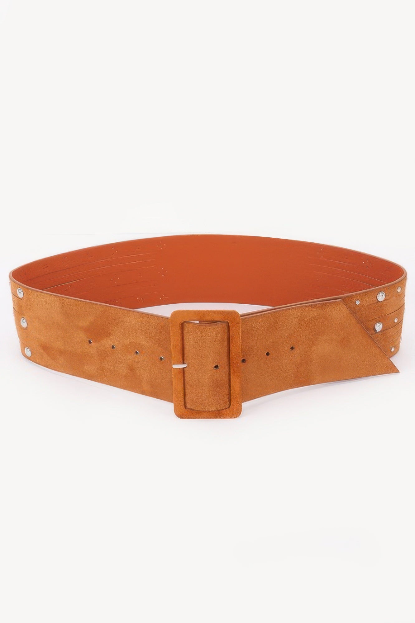 Wide studded buckle belt, rust-orange suede-look with metal studs and center buckle