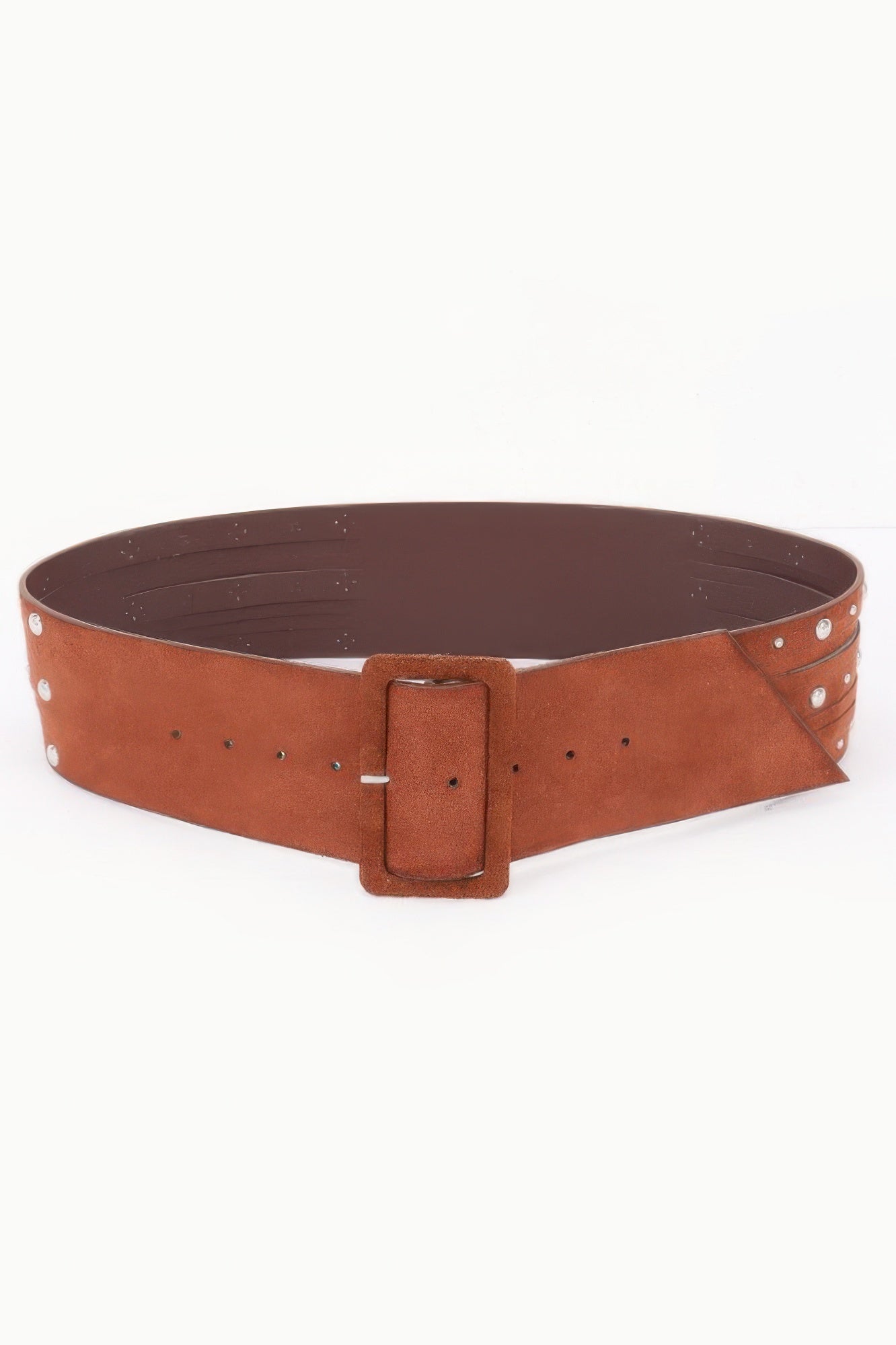 Wide studded buckle belt, dark brown with silver studs and rectangular buckle