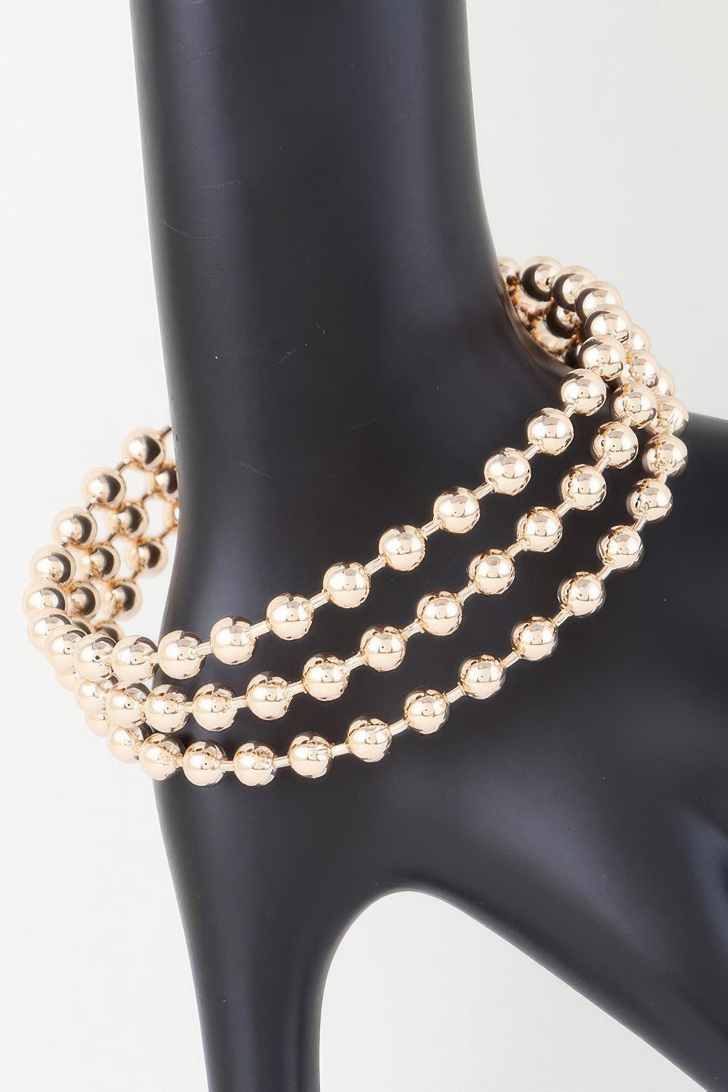 Wide Triple Beaded Cuff Bracelet in Gold tone, three rows of round bead links