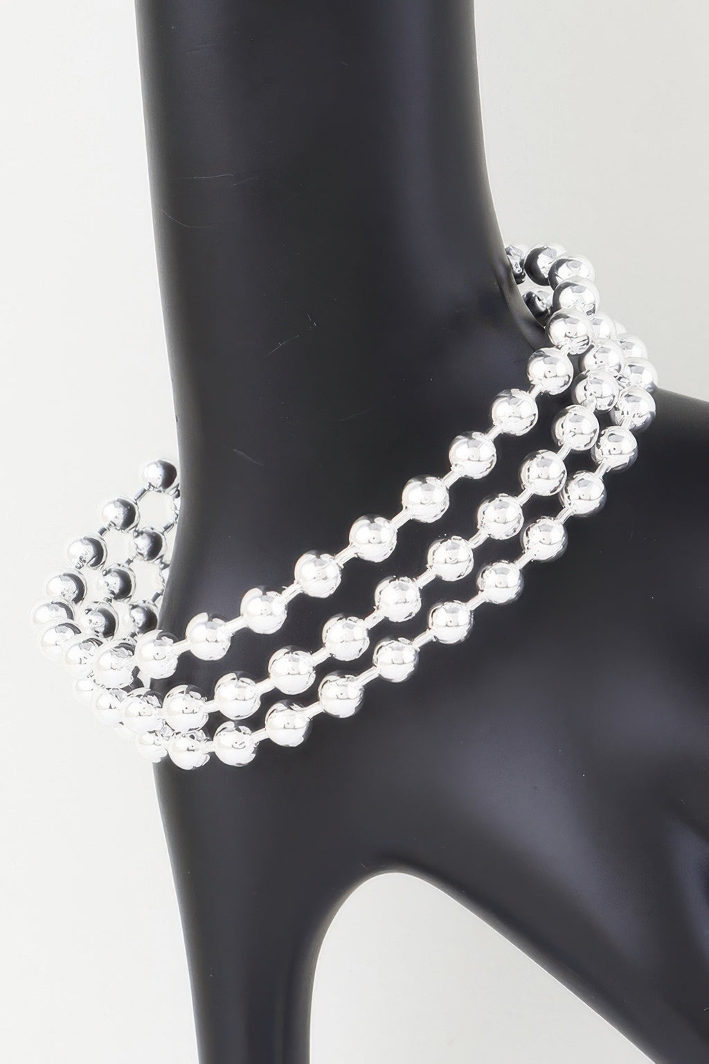 Wide triple beaded cuff bracelet in Silver tone, three rows of round bead links
