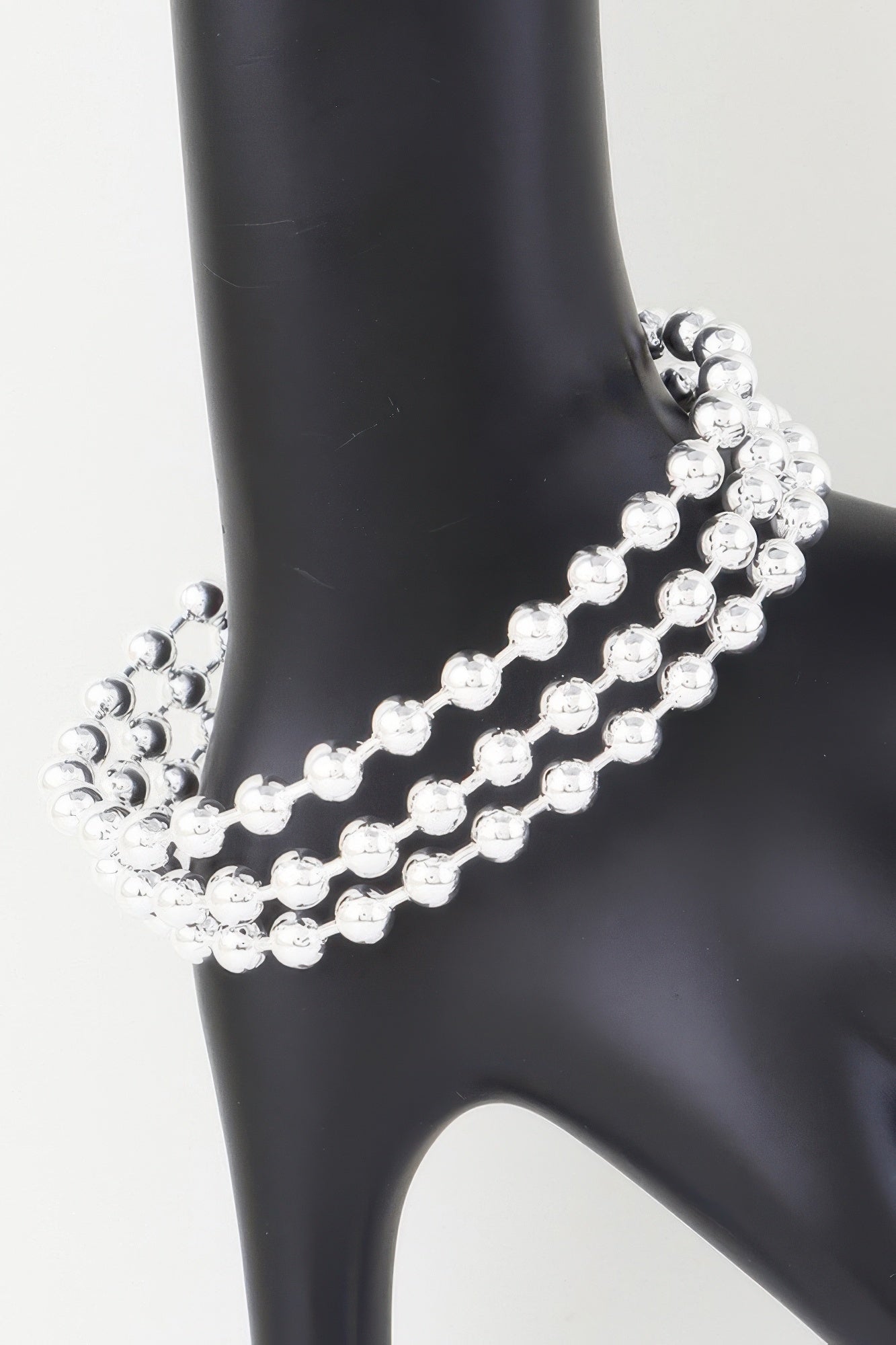 Wide triple beaded cuff bracelet in Silver tone, three rows of round bead links