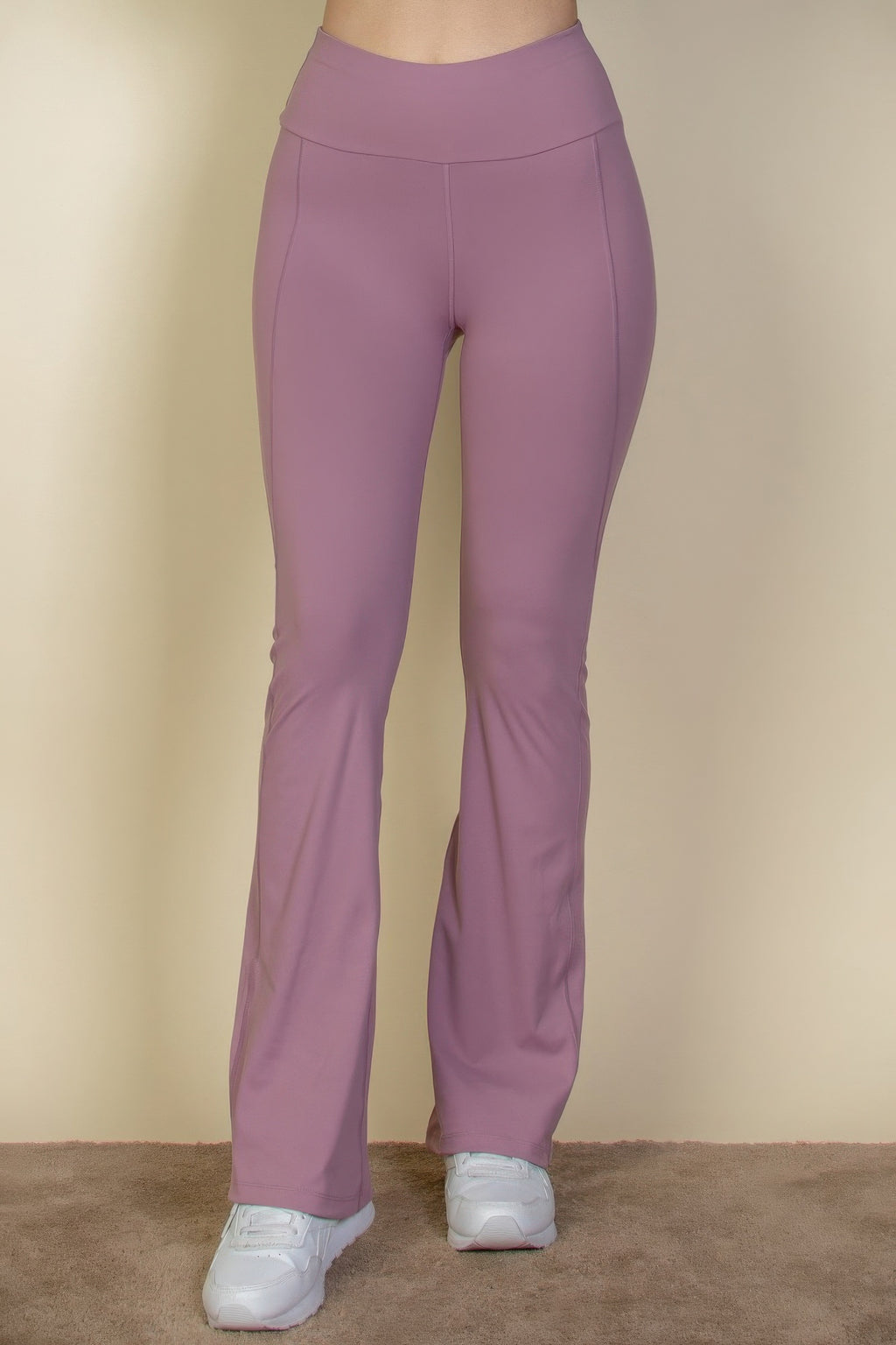Wide waistband flare leg pants, smoky pink mauve