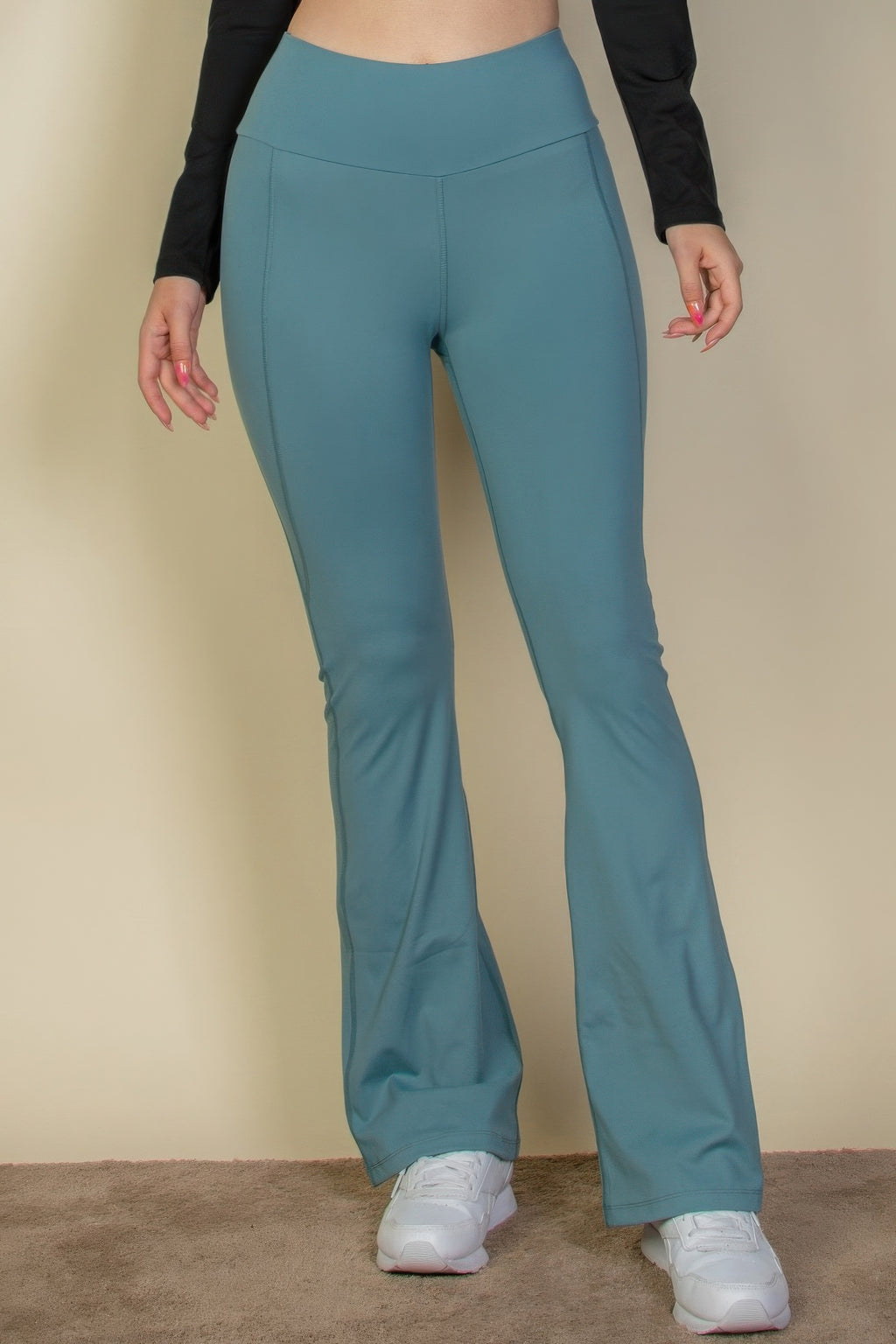 Slate green wide waistband flare-leg pants, long bell bottom