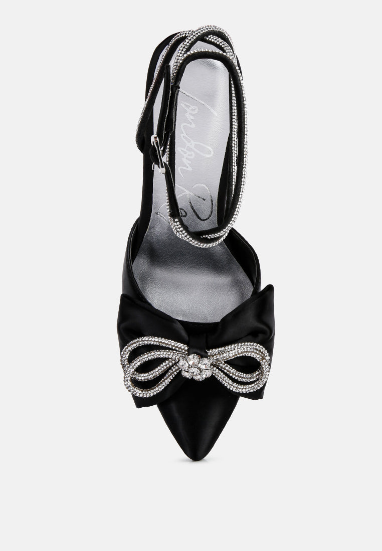 Black rhinestone bow winged high-heel sandals with ankle straps