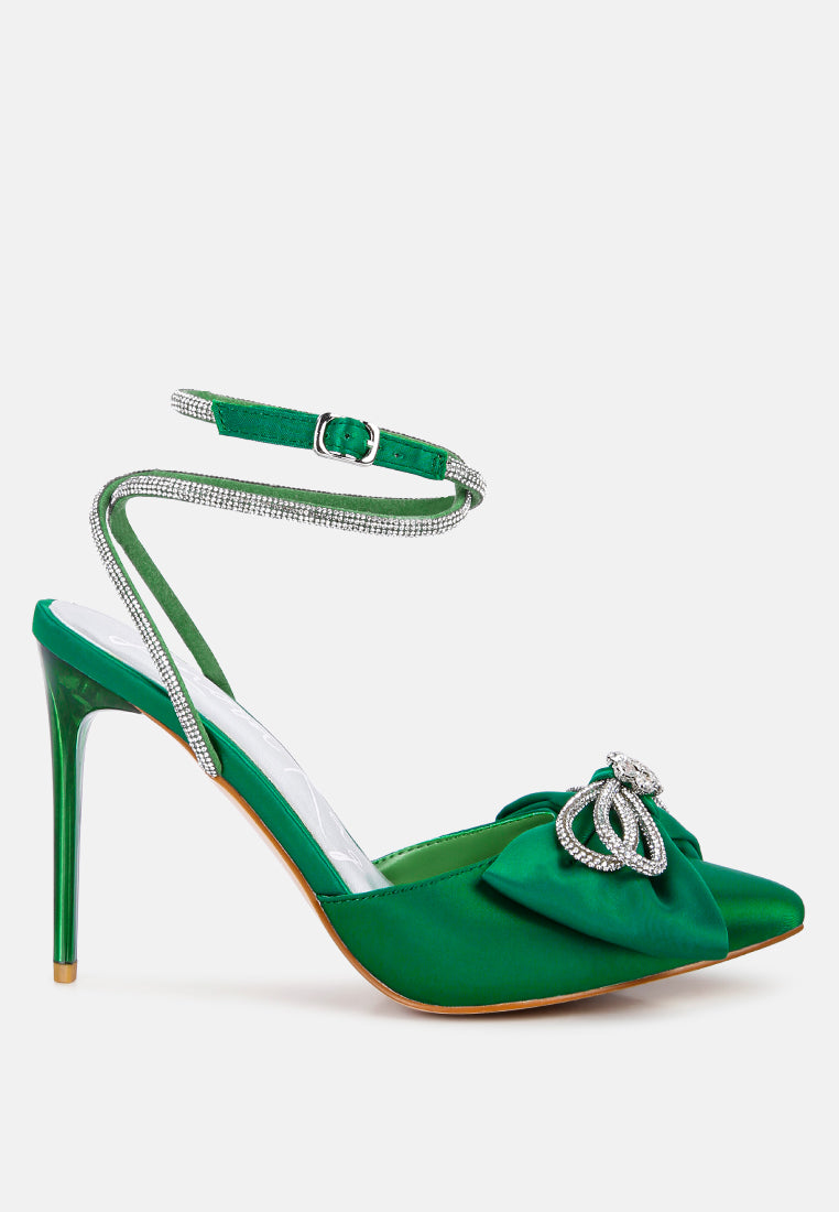 Green high-heel rhinestone embellished sandals with bow and ankle strap