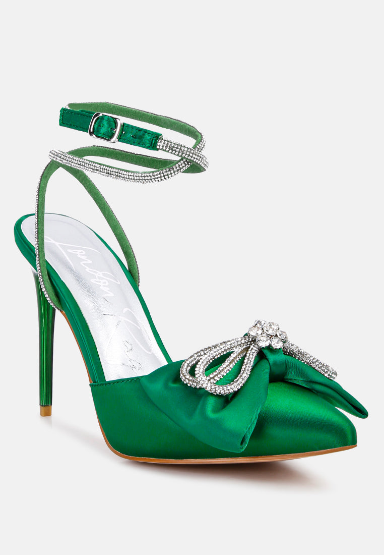 Green rhinestone sandal with ankle strap and winged bow on the open toe