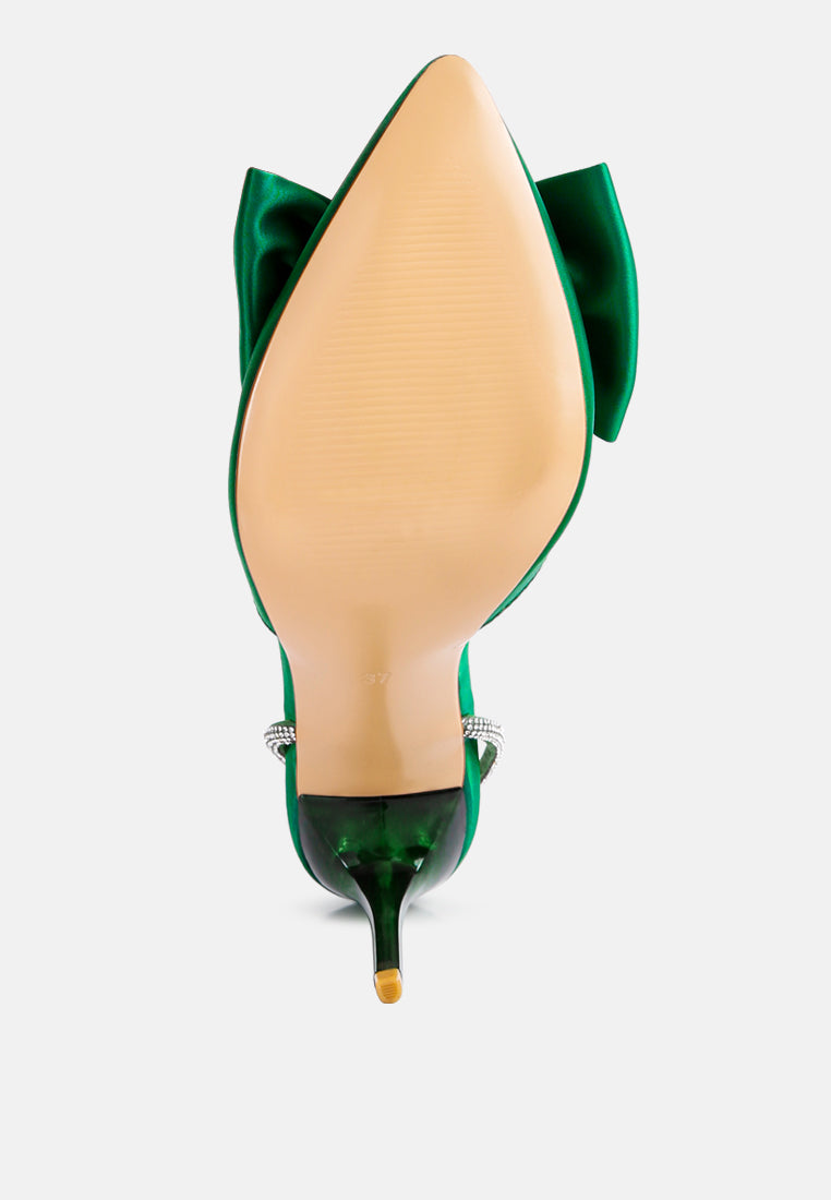 Green high-heel sandal from heel view with rhinestone strap accents